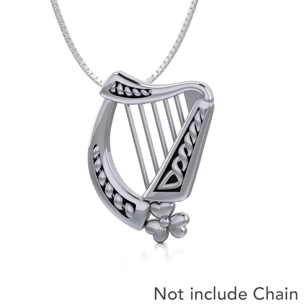 Hear the music of the Celtic Harp adorned with a Shamrock ~ Sterling Silver Pendant Jewelry TP1125 Pendant