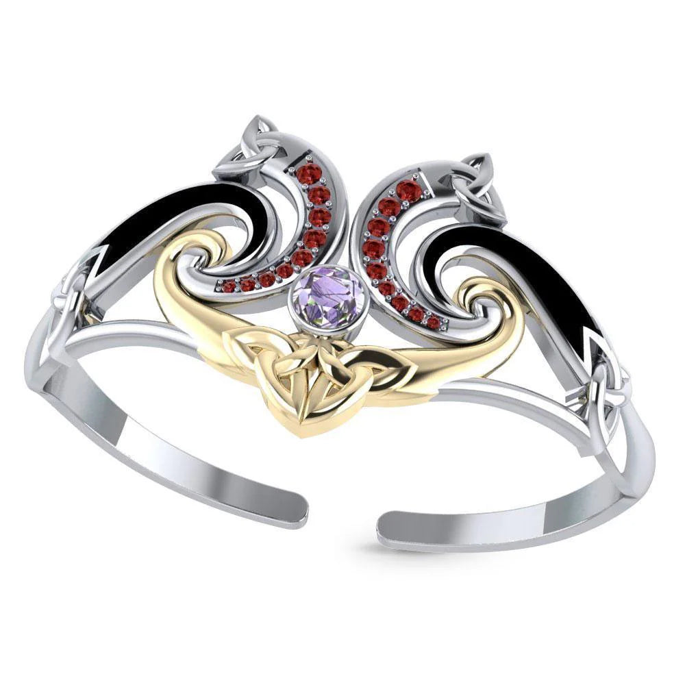 A Showcase of Celtic Elegance: Sterling Silver Celtic Triquetra Bangle with 14k Gold Accent and Gemstone