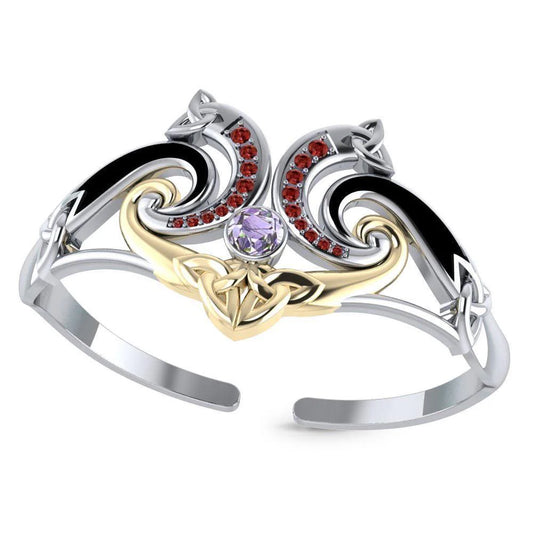 A Showcase of Celtic Elegance: Sterling Silver Celtic Triquetra Bangle with 14k Gold Accent and Gemstone