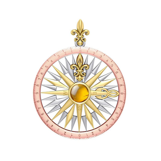 Compass Rose Silver Pendant with 14K Yellow and Pink Gold Accent: A Timeless Gem