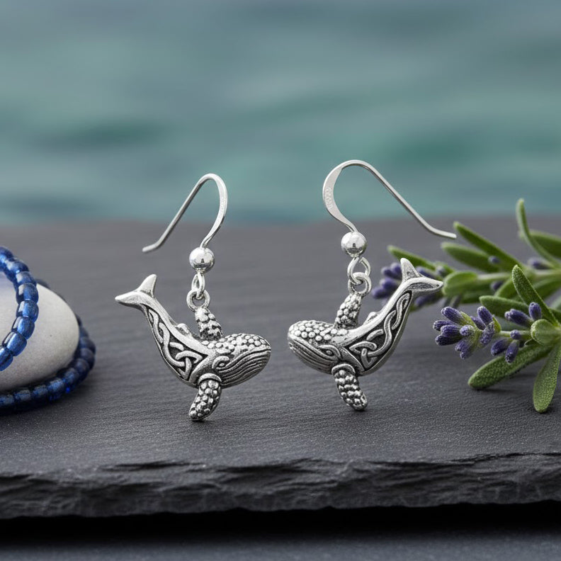 Celtic Knots Whale Sterling Silver Plated over Solid Brass Earrings BER034*