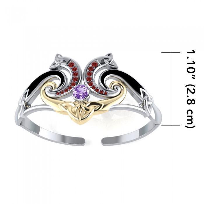 A showcase of Celtic elegance ~ Sterling Silver Celtic Triquetra Bangle with 14k Gold Accent and Gemstone MBA049