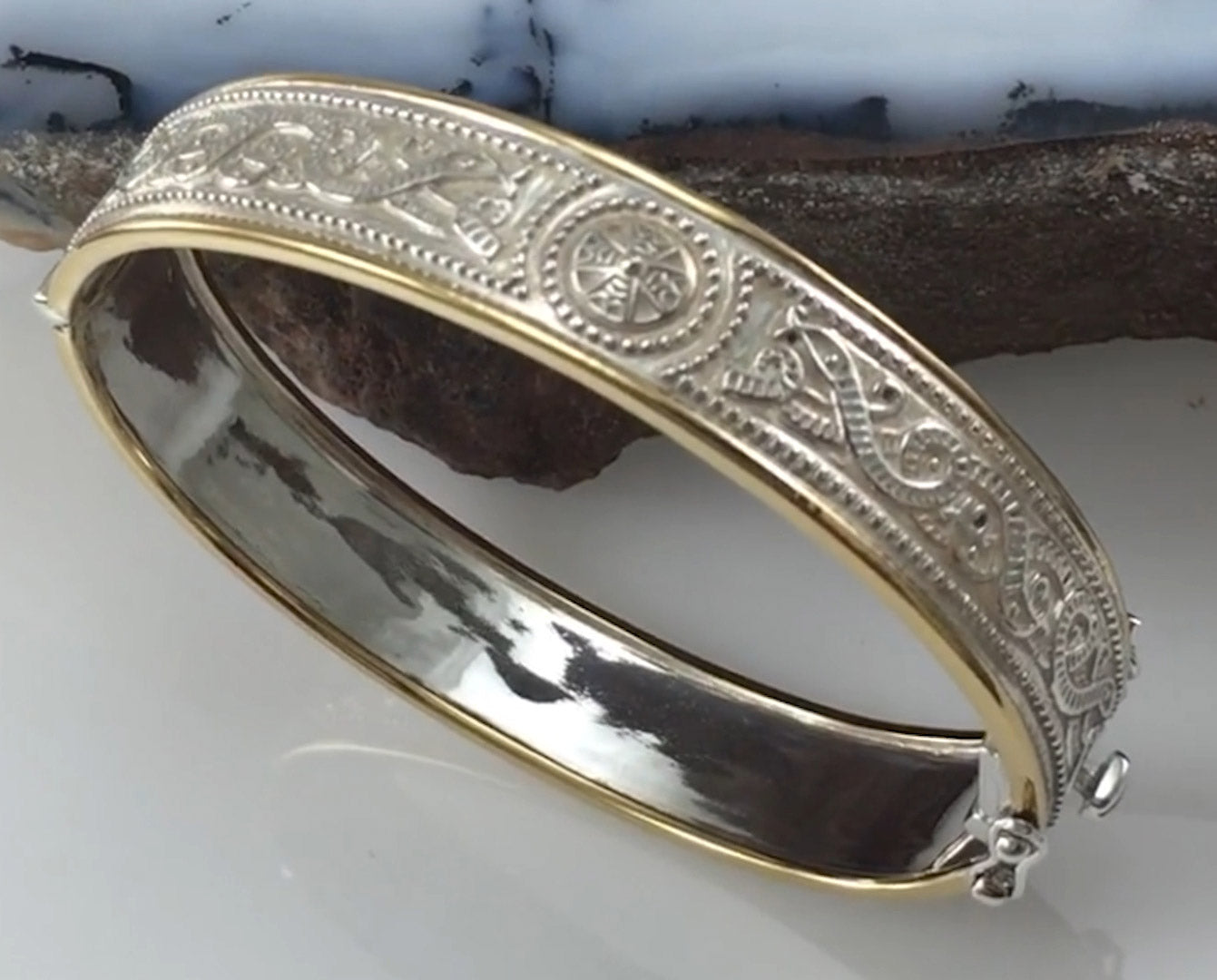 Small Silver and 14K Gold Accent Border Celtic Bangle with open lock MBA211