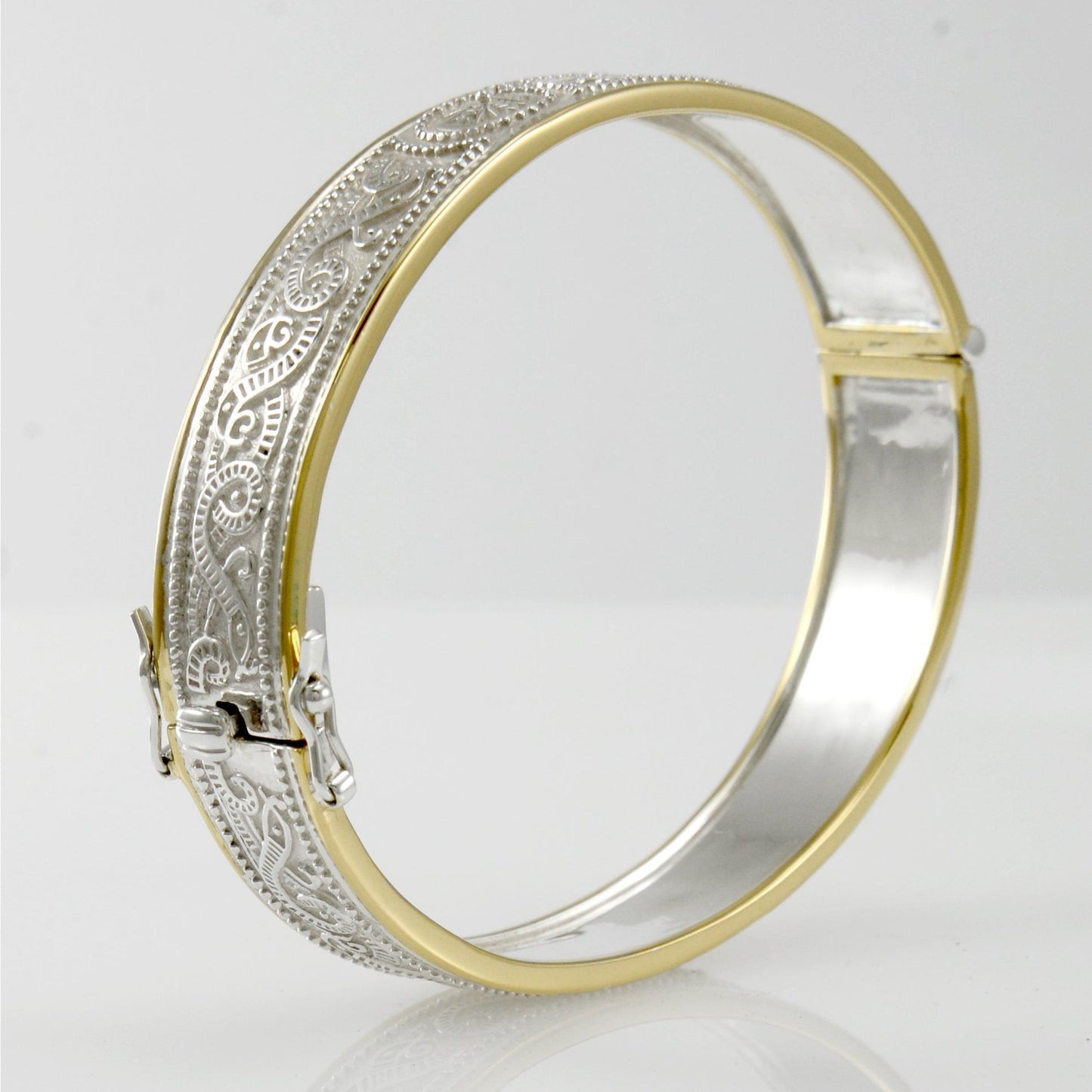 Small Silver and Gold Plate Border Celtic Bangle with open lock MBA211 - Wholesale Jewelry