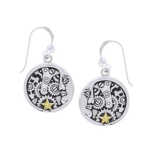 Moon Face Steampunk Silver and Gold Earrings MER1360
