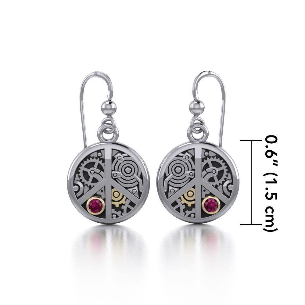 Peace Sign Steampunk Silver and Gold Accent Earrings MER1373