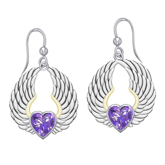 Gemstone Heart and Angel Wings Silver and 14K Gold Plated Earrings MER1742