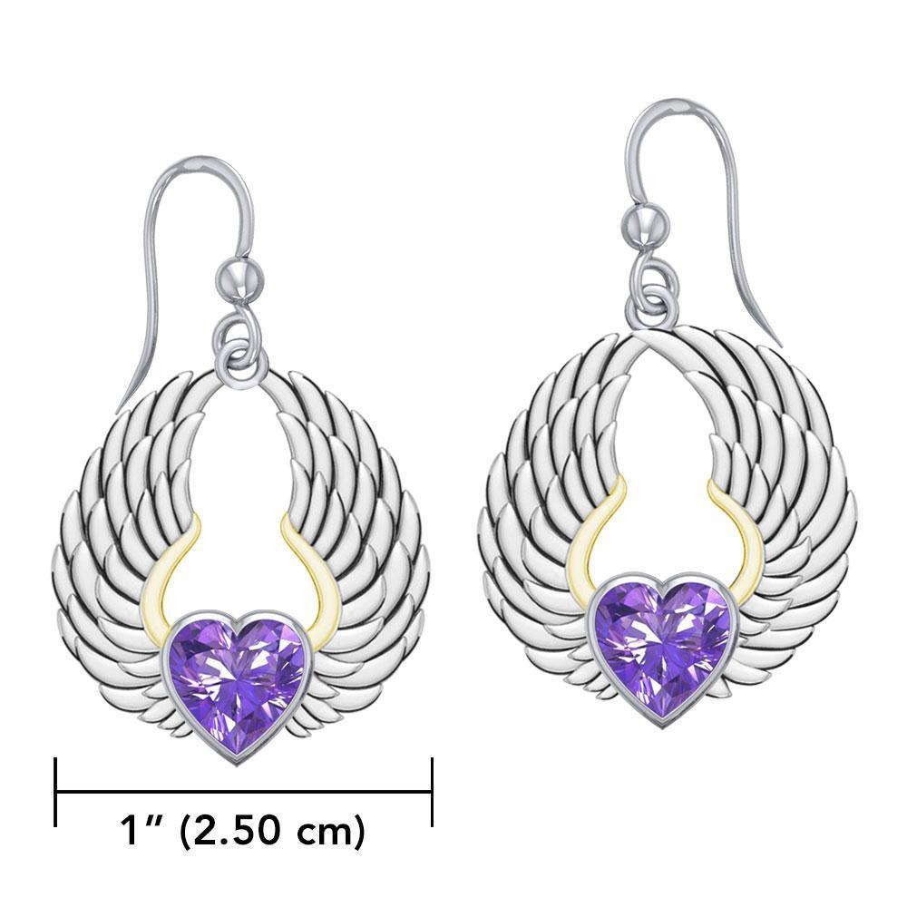 Gemstone Heart and Angel Wings Silver and 14K Gold Plated Earrings MER1742