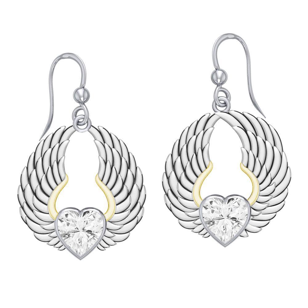 Gemstone Heart and Angel Wings Silver and 14K Gold Plated Earrings MER1742