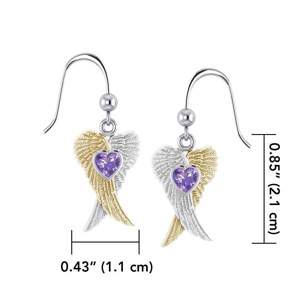 Heart Gemstone and Double Angel Wings Silver and 14K Gold Plate Earrings MER1744