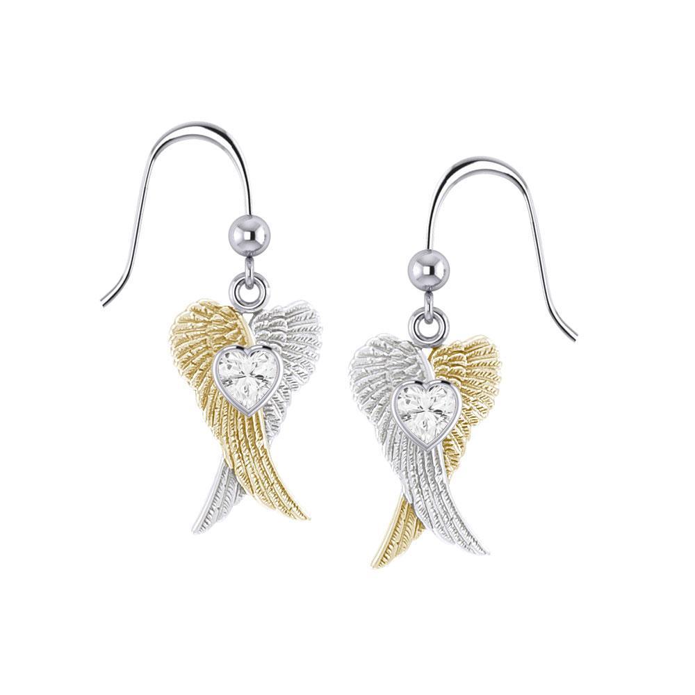Heart Gemstone and Double Angel Wings Silver and 14K Gold Plate Earrings MER1744