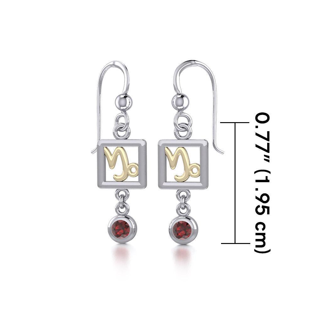 Capricorn Zodiac Sign Silver and Gold Earrings Jewelry with Garnet MER1766