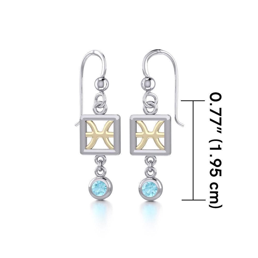 Pisces Zodiac Sign Silver and Gold Earrings Jewelry with Aquamarine MER1768