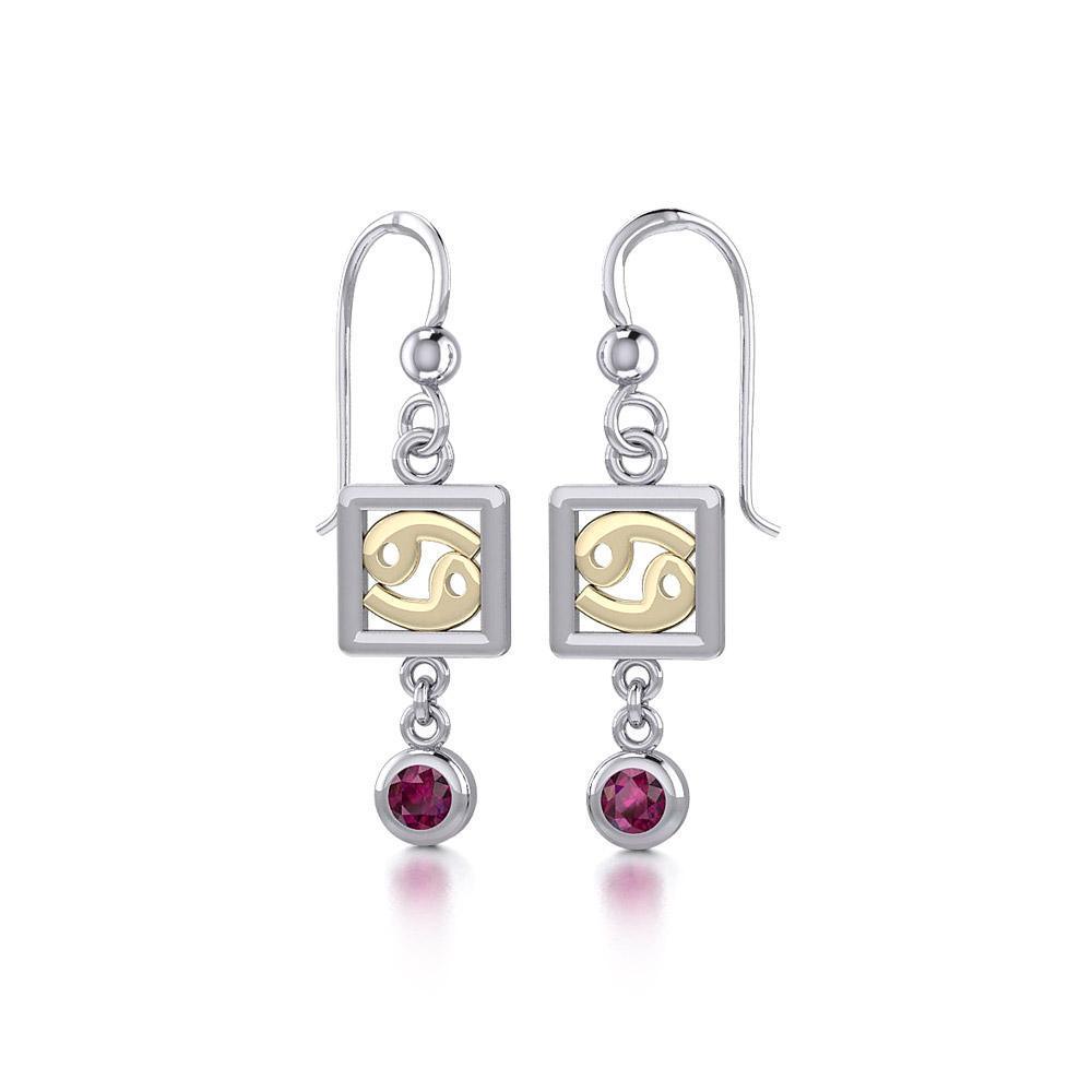 Cancer Zodiac Sign Silver and Gold Earrings Jewelry with Ruby MER1772