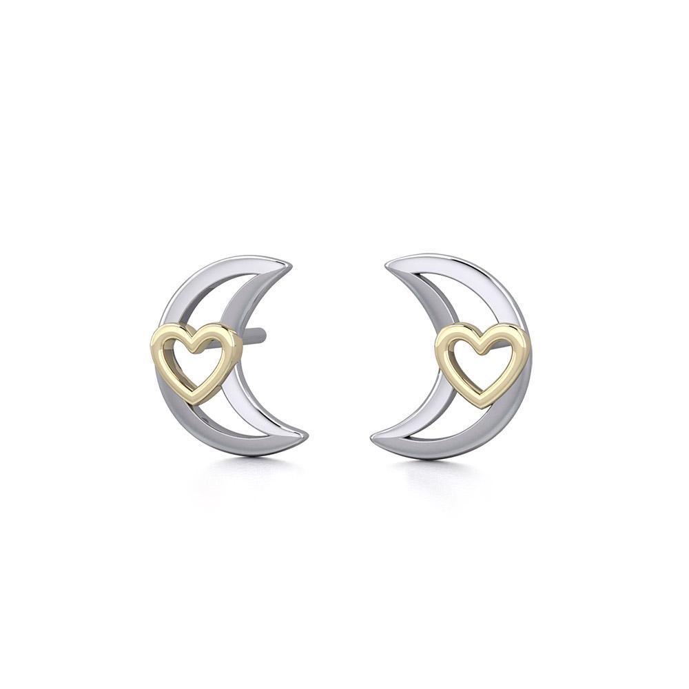 The Golden Heart in Crescent Moon Silver Post Earrings MER1779