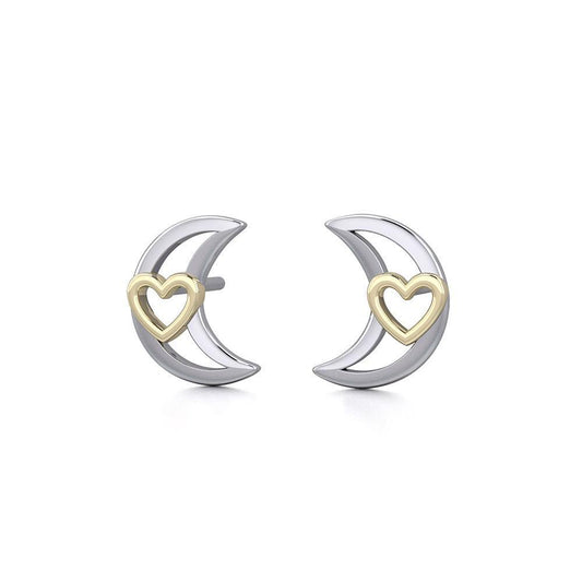 The Golden Heart in Crescent Moon Silver Post Earrings MER1779