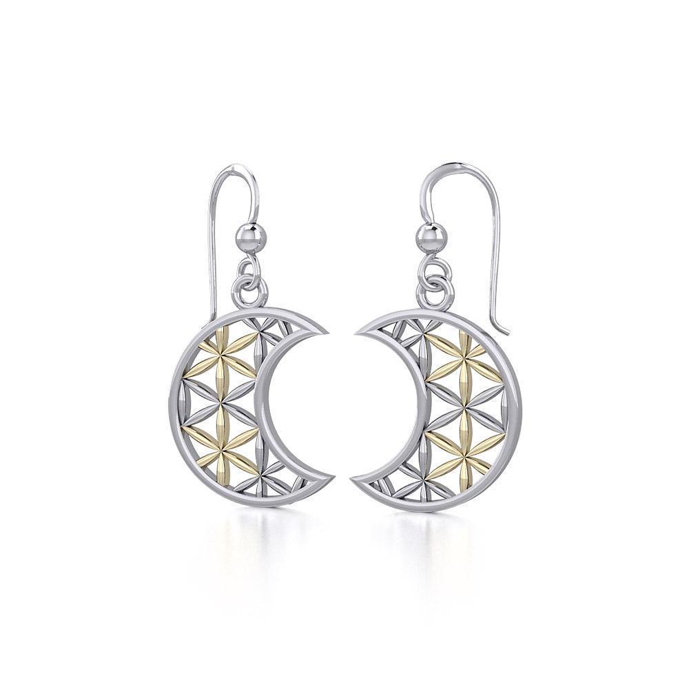 The Flower of Life in Crescent Moon Silver and Gold Earrings MER1780