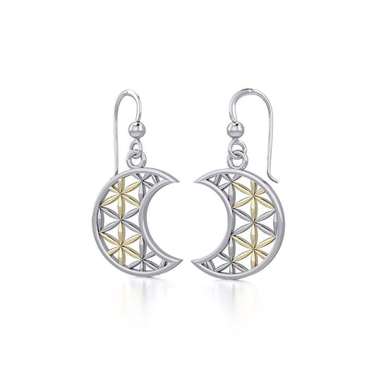 The Flower of Life in Crescent Moon Silver and Gold Earrings MER1780