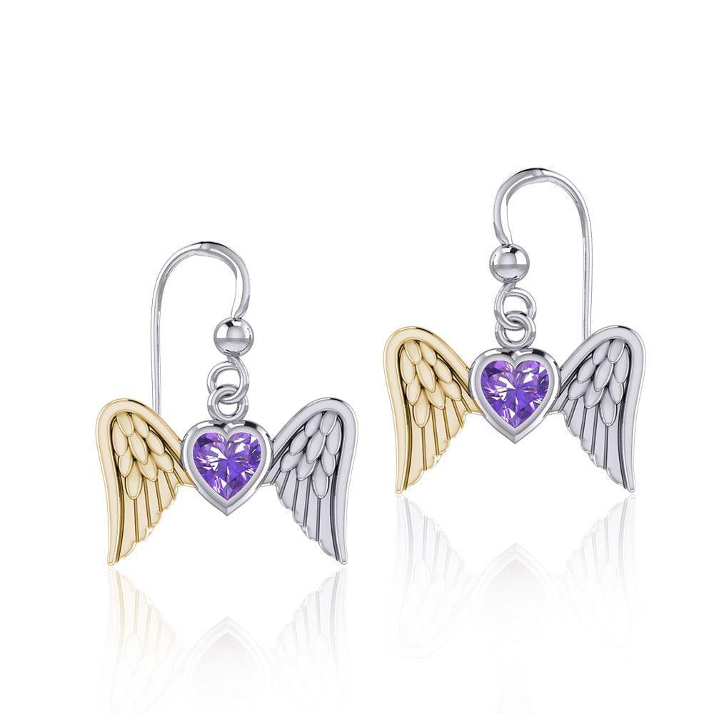 Gemstone Heart and Flying Angel Wings Silver and Gold Earrings MER1782