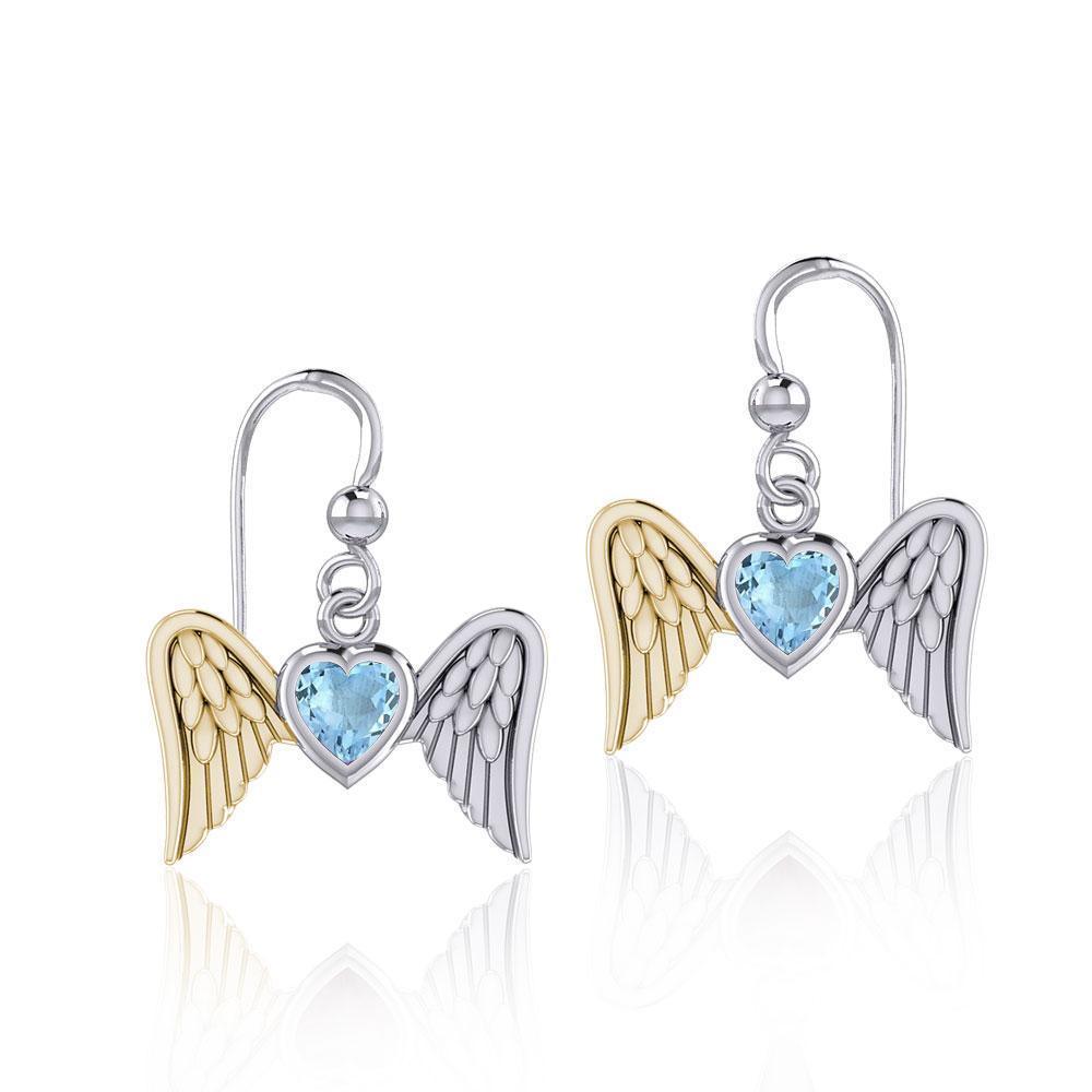 Gemstone Heart and Flying Angel Wings Silver and Gold Earrings MER1782