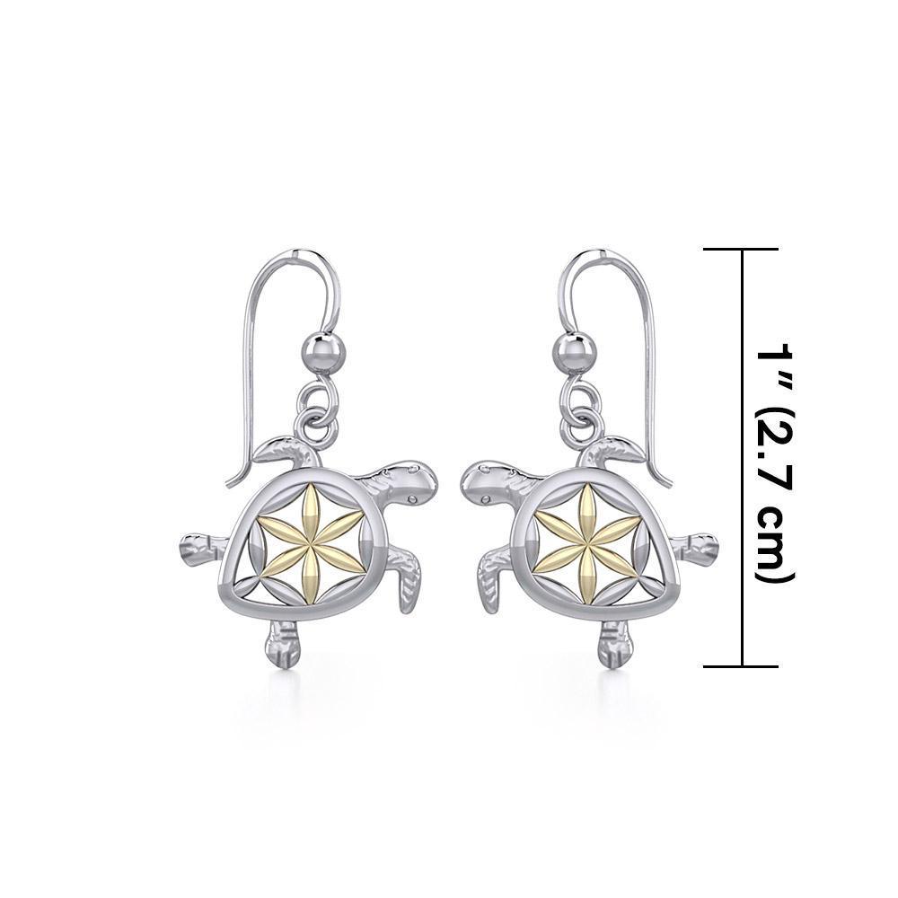 Swimming Turtle with Flower of Life Shell Silver and Gold Earrings MER1786
