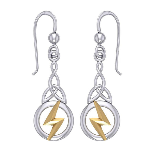 Zeus God Lightning Bolt with Celtic Trinity Knot Silver and Gold Earrings MER1966