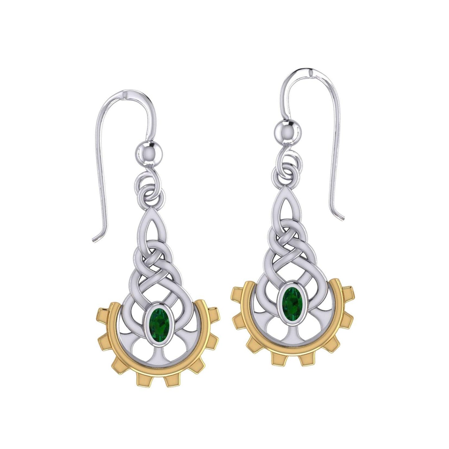 Steampunk Celtic Silver and Gold Accent Earrings with Gemstone MER2116