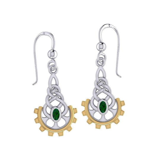 Steampunk Celtic Silver and Gold Accent Earrings with Gemstone MER2116