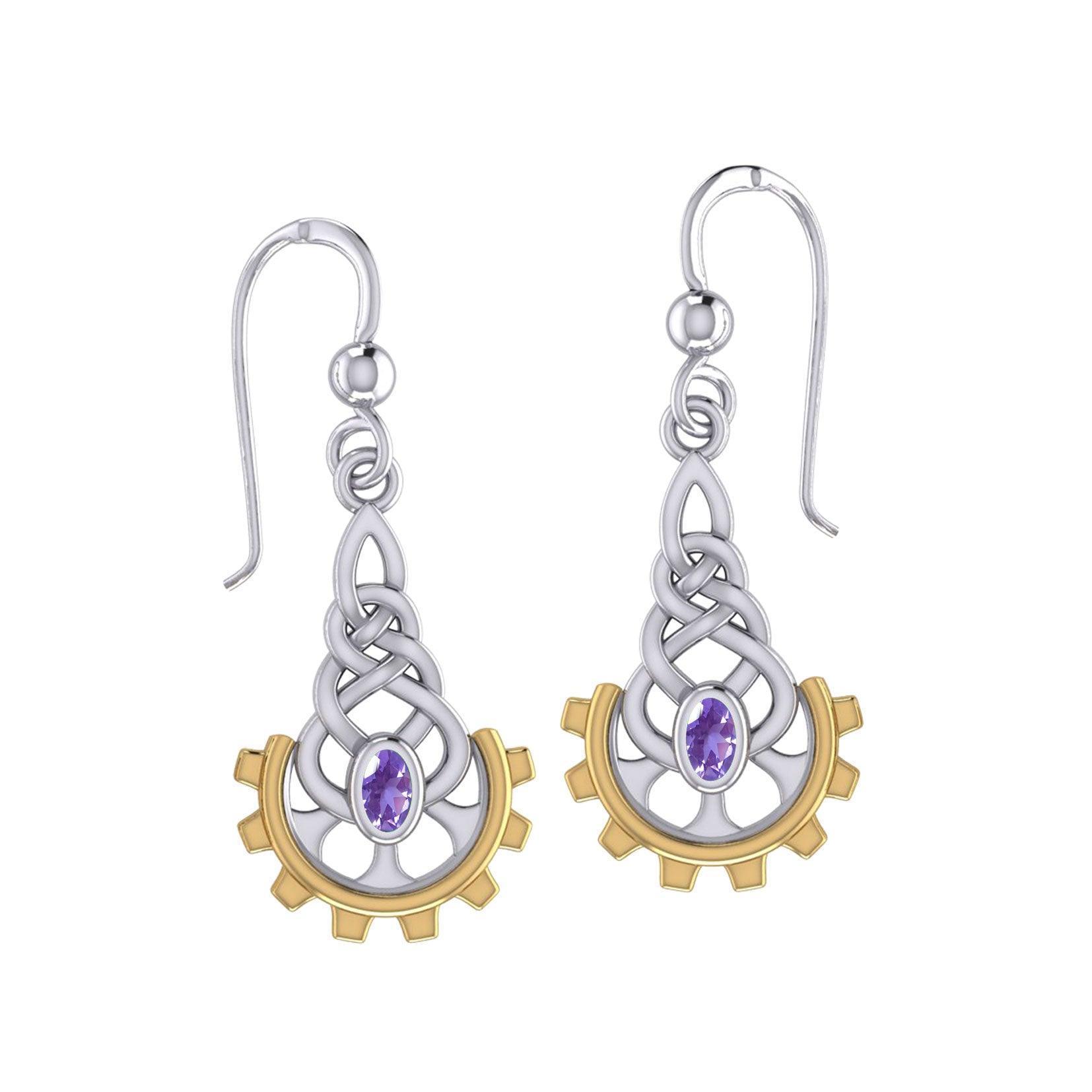 Steampunk Celtic Silver and Gold Accent Earrings with Gemstone MER2116