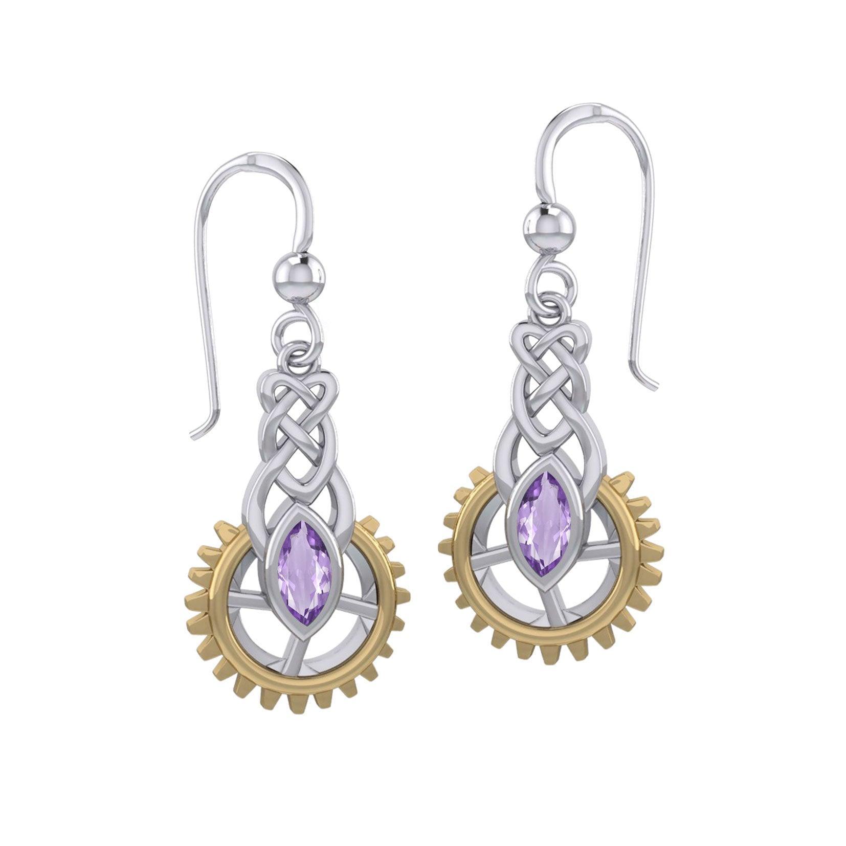 Steampunk Celtic Silver and Gold Accent Earrings with Marquise Gemstone MER2118