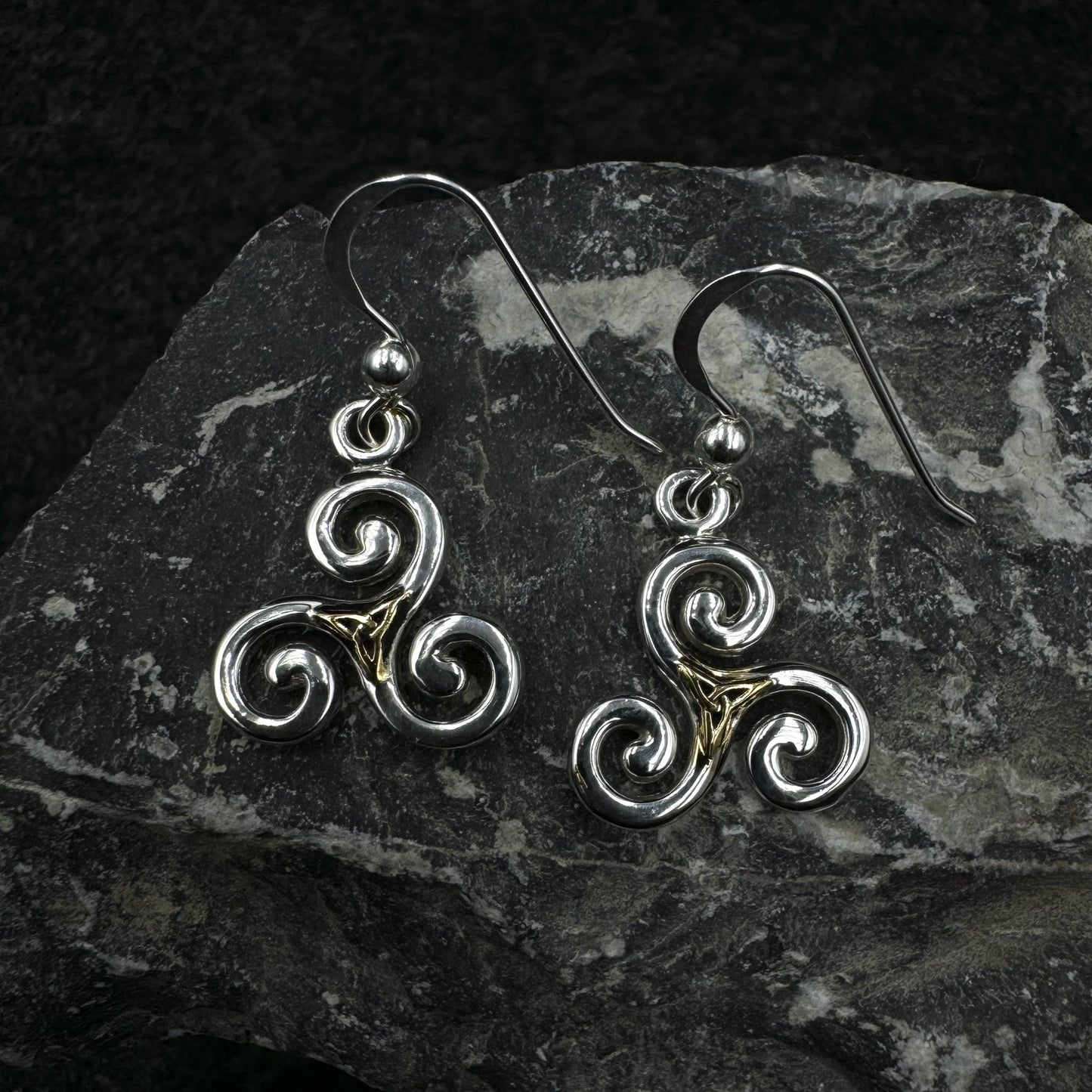 The road to eternal life ~ Celtic Celtic Triskele or Triskelion Sterling Silver with 18K Gold Accent Dangle Earrings MER709
