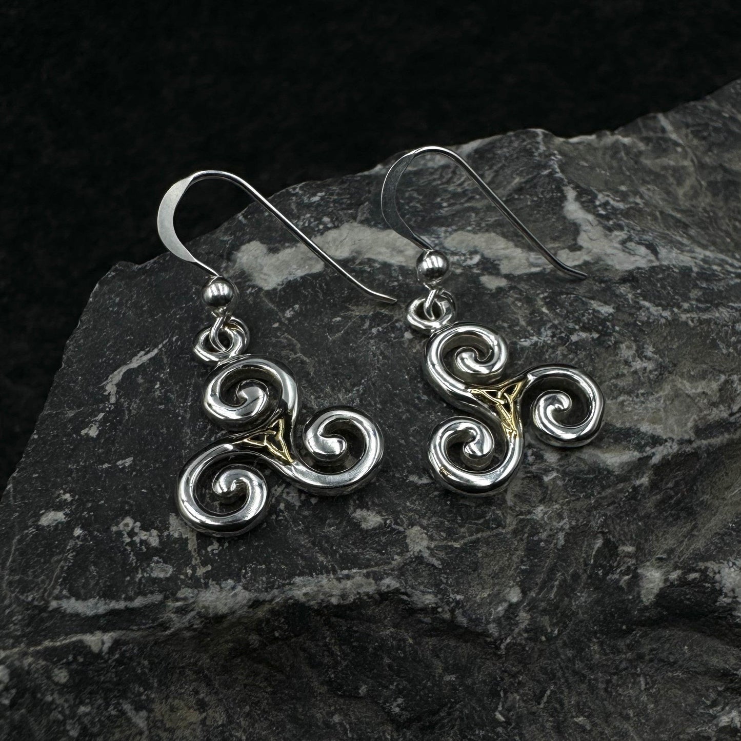 The road to eternal life ~ Celtic Celtic Triskele or Triskelion Sterling Silver with 18K Gold Accent Dangle Earrings MER709
