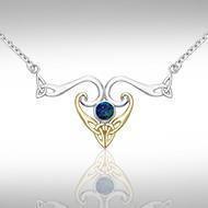 The elegance of Celtic Heritage ~ Sterling Silver Celtic Triquetra Necklace Jewelry with 14k Gold accent and Gemstone MNC162