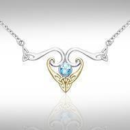The elegance of Celtic Heritage ~ Sterling Silver Celtic Triquetra Necklace Jewelry with 14k Gold accent and Gemstone MNC162