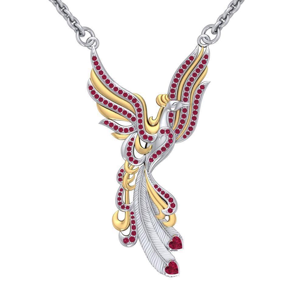 Mythical Phoenix arise! ~ Sterling Silver Jewelry Necklace with 14k Gold and Gemstone Accents MNC221