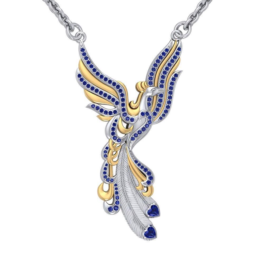 Mythical Phoenix arise! ~ Sterling Silver Jewelry Necklace with 14k Gold and Gemstone Accents MNC221