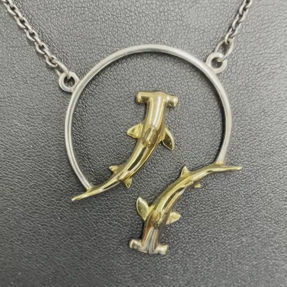 Double Hammerhead Shark Sterling Silver and 14K Gold Accent Necklace MNC434