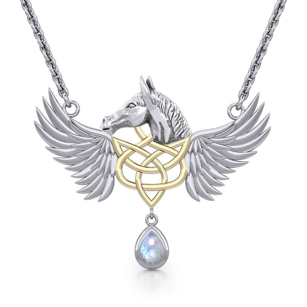 Celtic Pegasus Horse with Wing Silver and Gold Necklace MNC540