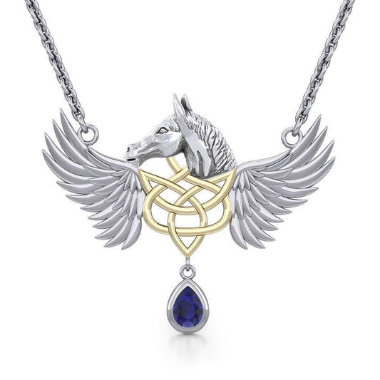 Celtic Pegasus Horse with Wing Silver and Gold Necklace MNC540