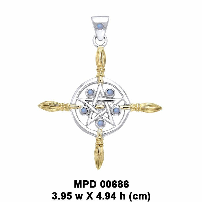 Broomstick & Pentacle silver with 18K Gold Accents Pendant MPD686