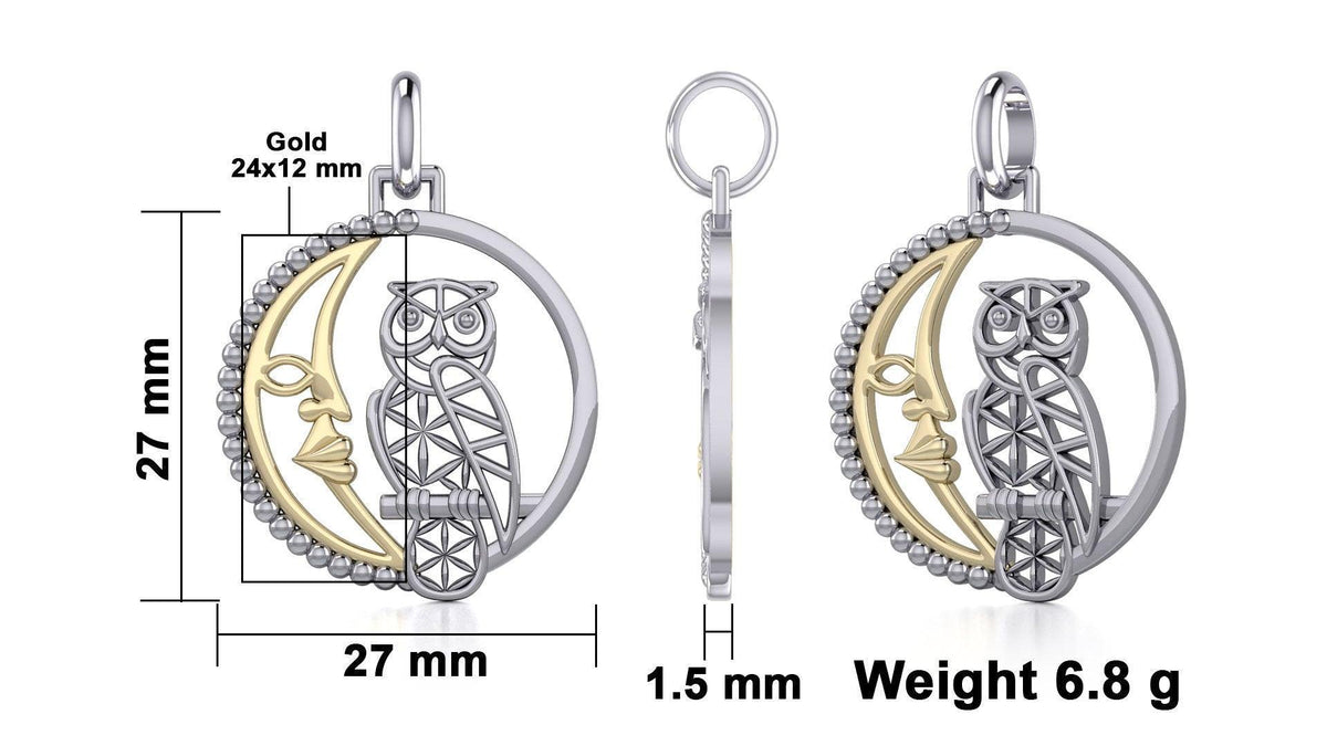 Silver Flower of Life Owl on The Golden Crescent Moon Pendant MPD5301