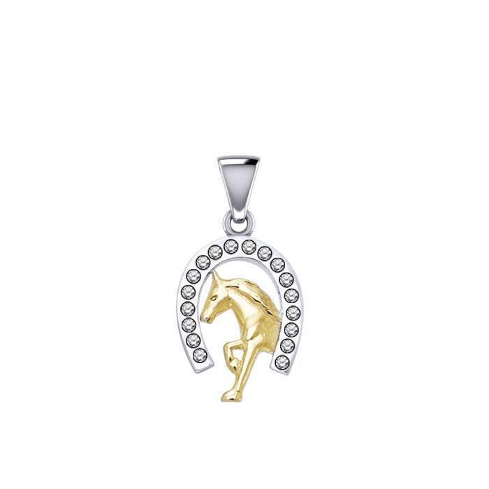 Horseshoe and Running Horse with Gems Silver and Gold Pendant MPD5761