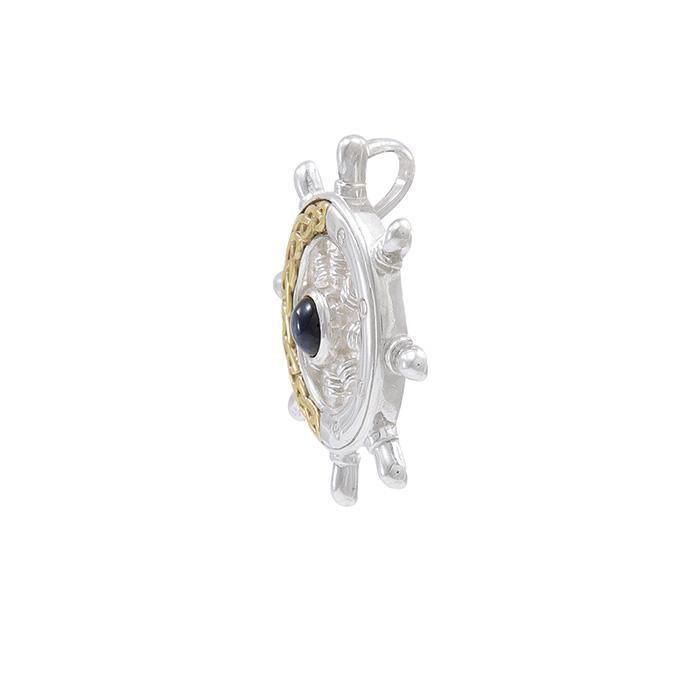 Continuing the sea journey with Celtic ship wheel ~ Sterling Silver pendant 14k gold Celtic knotwork accent and gemstone MPD069