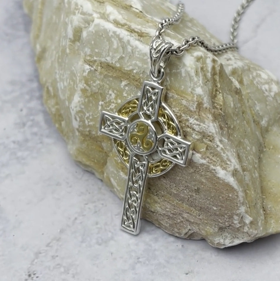 Large Reversible Celtic Cross Sterling Silver with 14K Gold Accent Pendant MPD3726