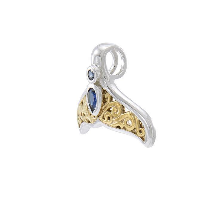 Filigree Whale Tail With Gemstone Gold Accent Sterling Silver Pendant MPD3798