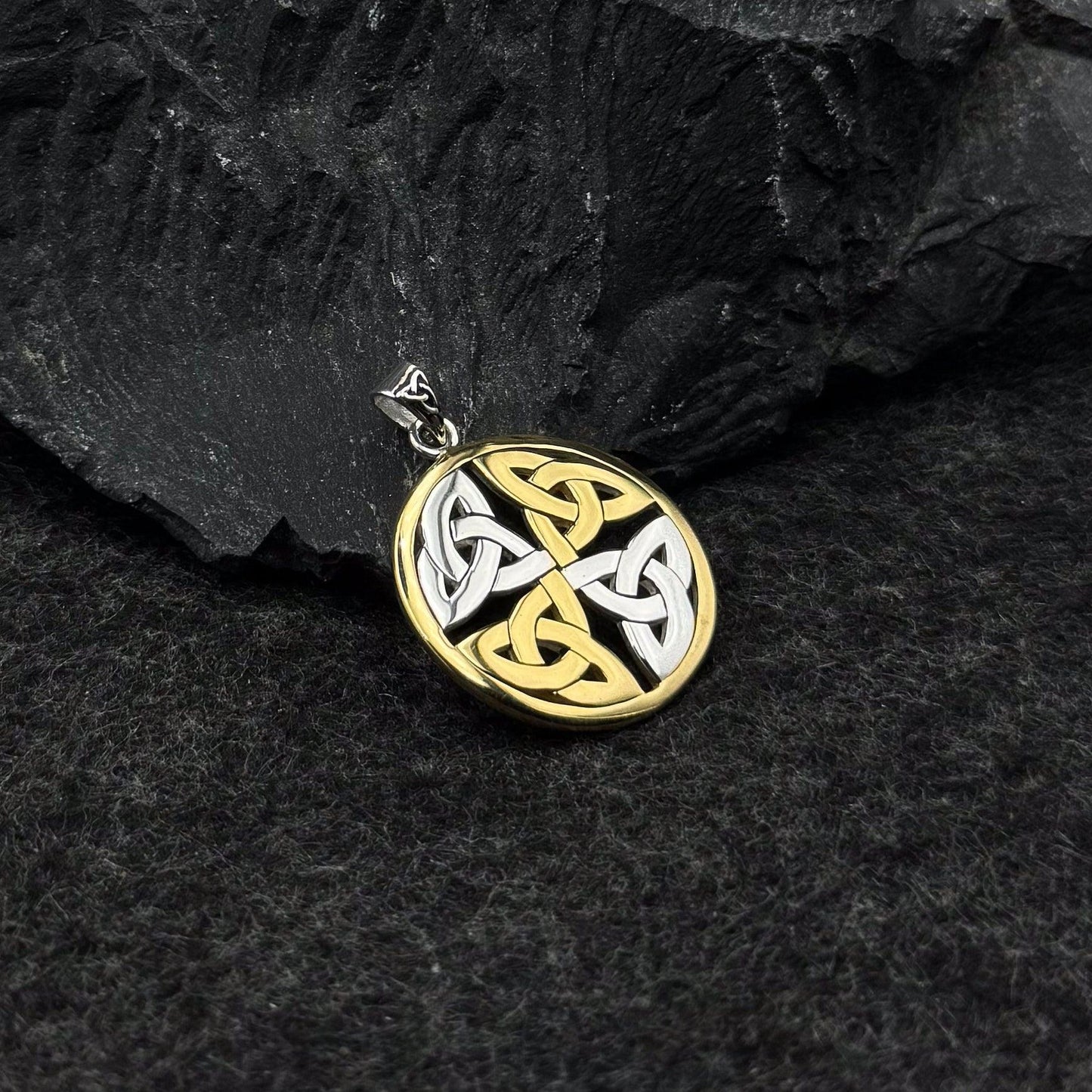 Celtic Trinity Quaternary Knot Silver and 14K Gold Accent Pendant MPD4637 - Wholesale Jewelry