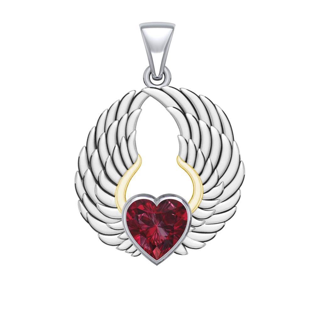Gemstone Heart and Angel Wings Silver and 14K Gold Plated Pendant MPD5223
