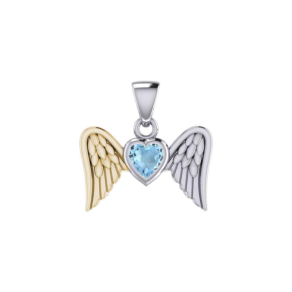 Gemstone Heart and Flying Angel Wings Silver and Gold Pendant MPD5228