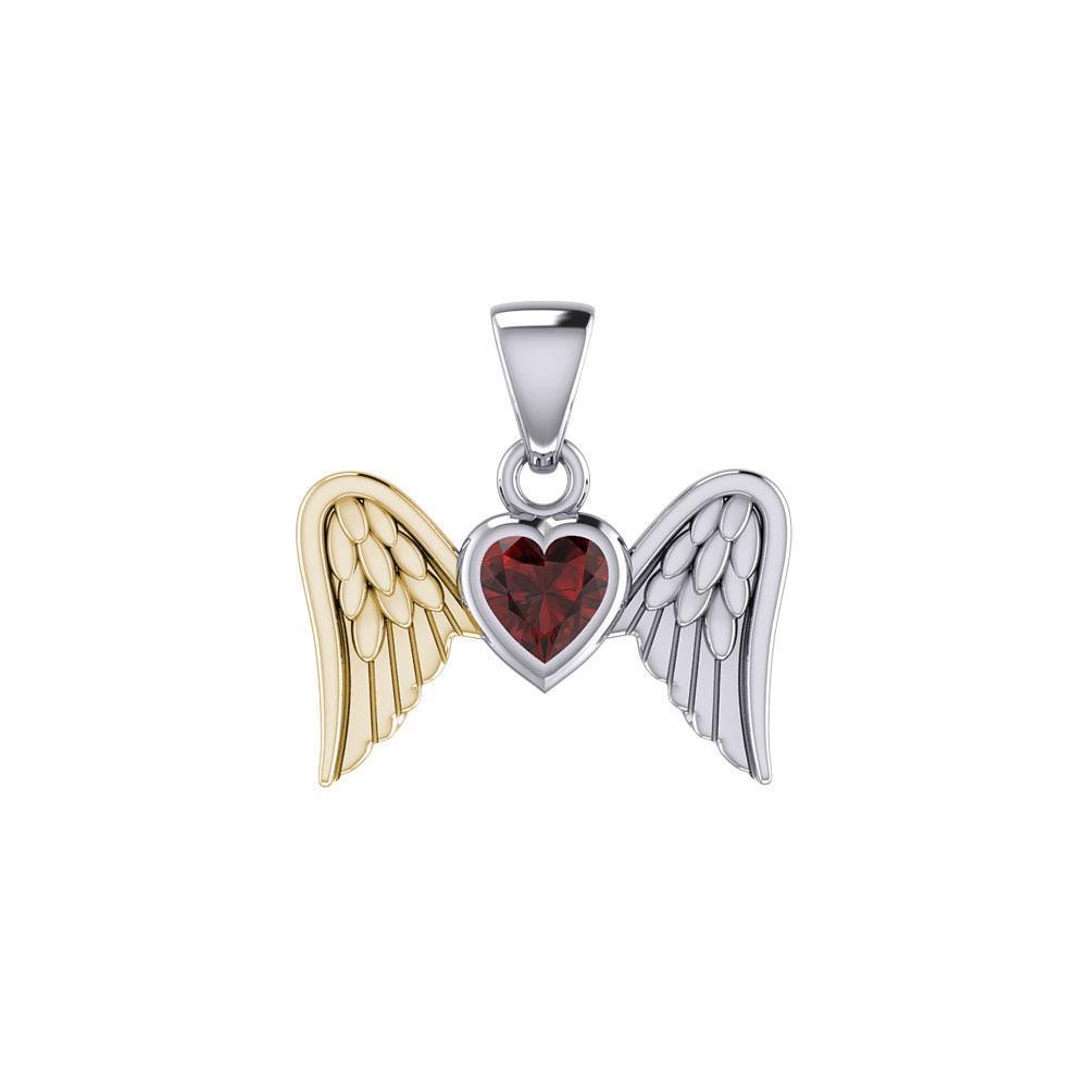 Gemstone Heart and Flying Angel Wings Silver and Gold Pendant MPD5228