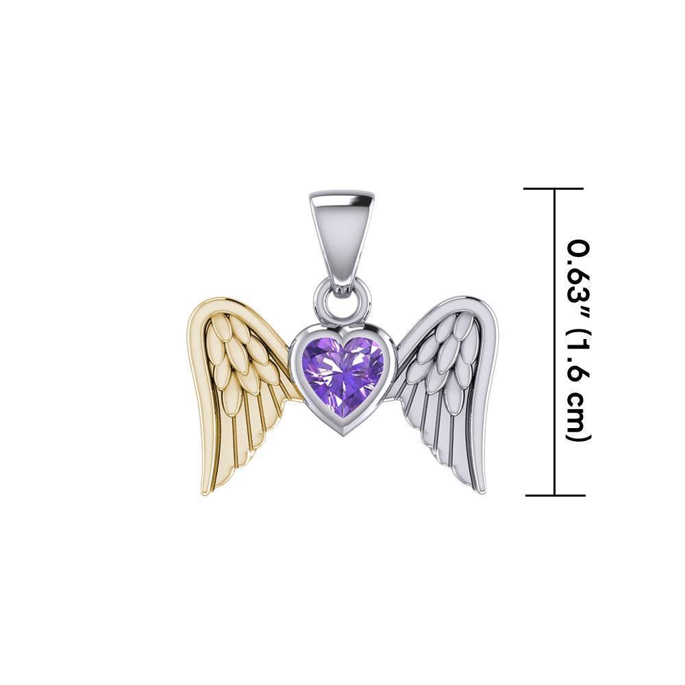 Gemstone Heart and Flying Angel Wings Silver and Gold Pendant MPD5228